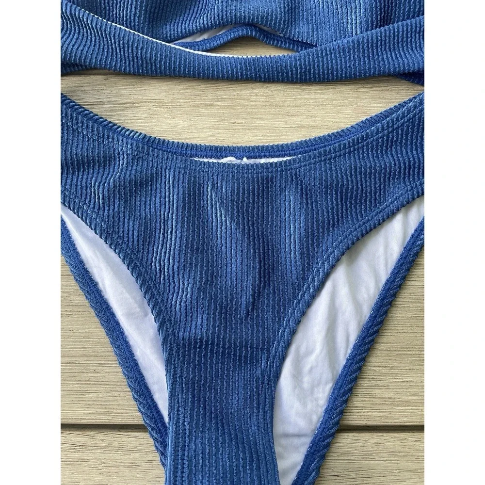 Cupshe Blue Ribbed Shimmer Scoop Neck Bikini Set Two‎ Piece Swimsuit Medium NEW